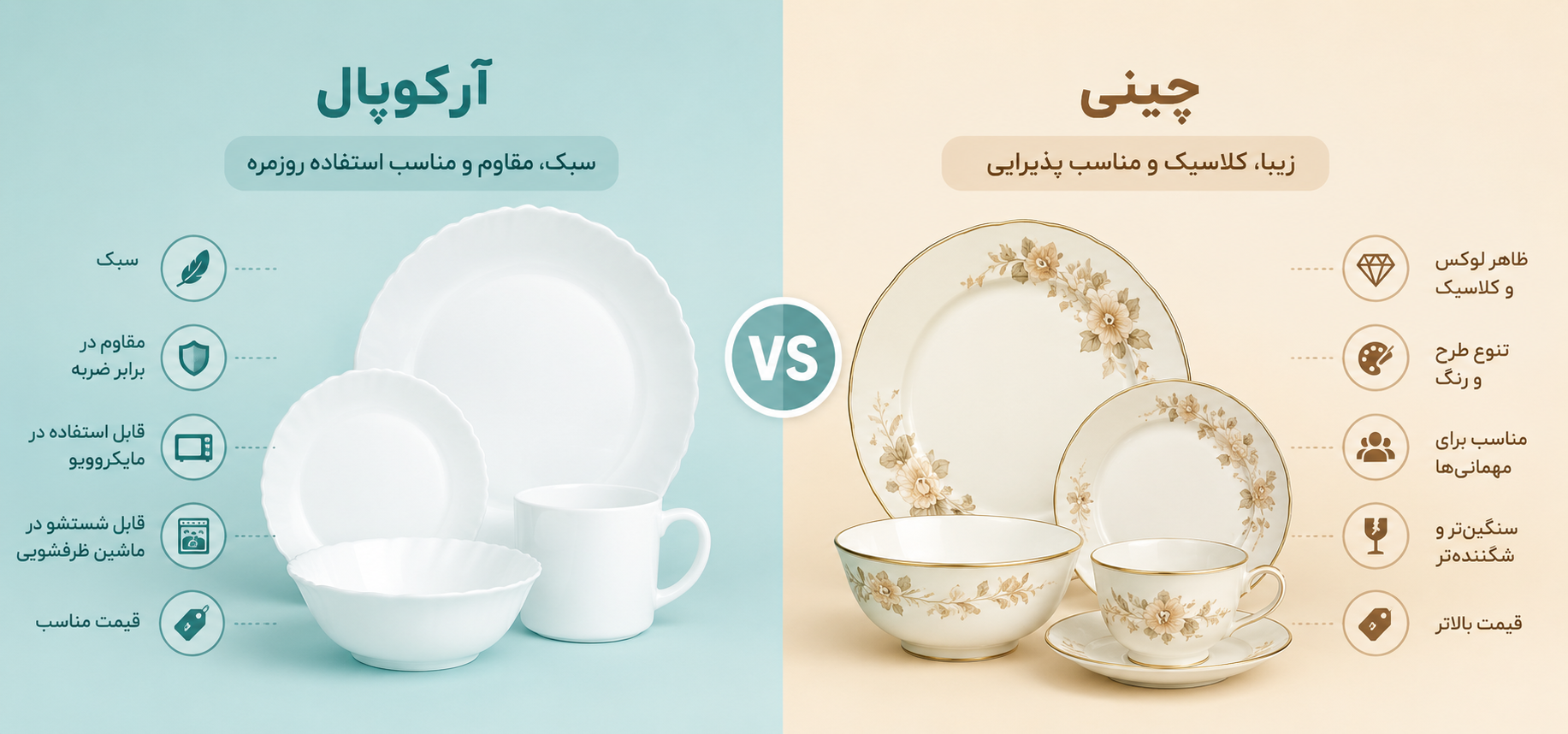 تفاوت ظروف چینی و آرکوپال؛ کدام انتخاب بهتری است؟