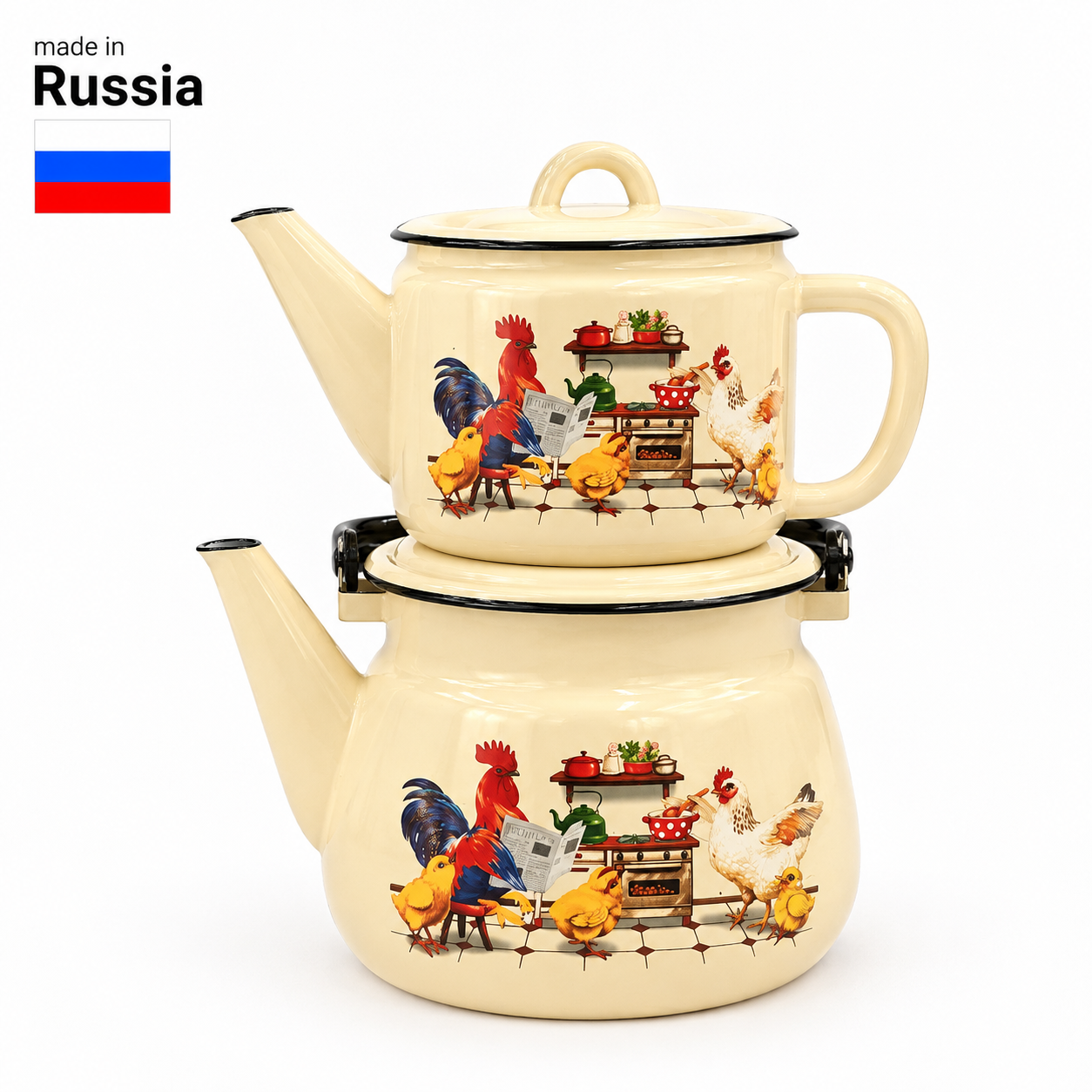 ست کتری قوری ۲.۵ لیتری لعابی طرح خروس ساخت روسیه