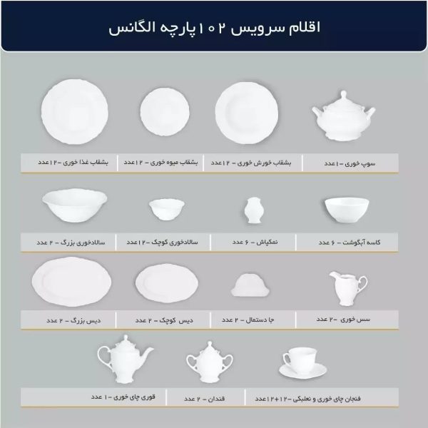 سرویس ۱۰۲ پارچه چینی پردیس طرح سویل - Image 8